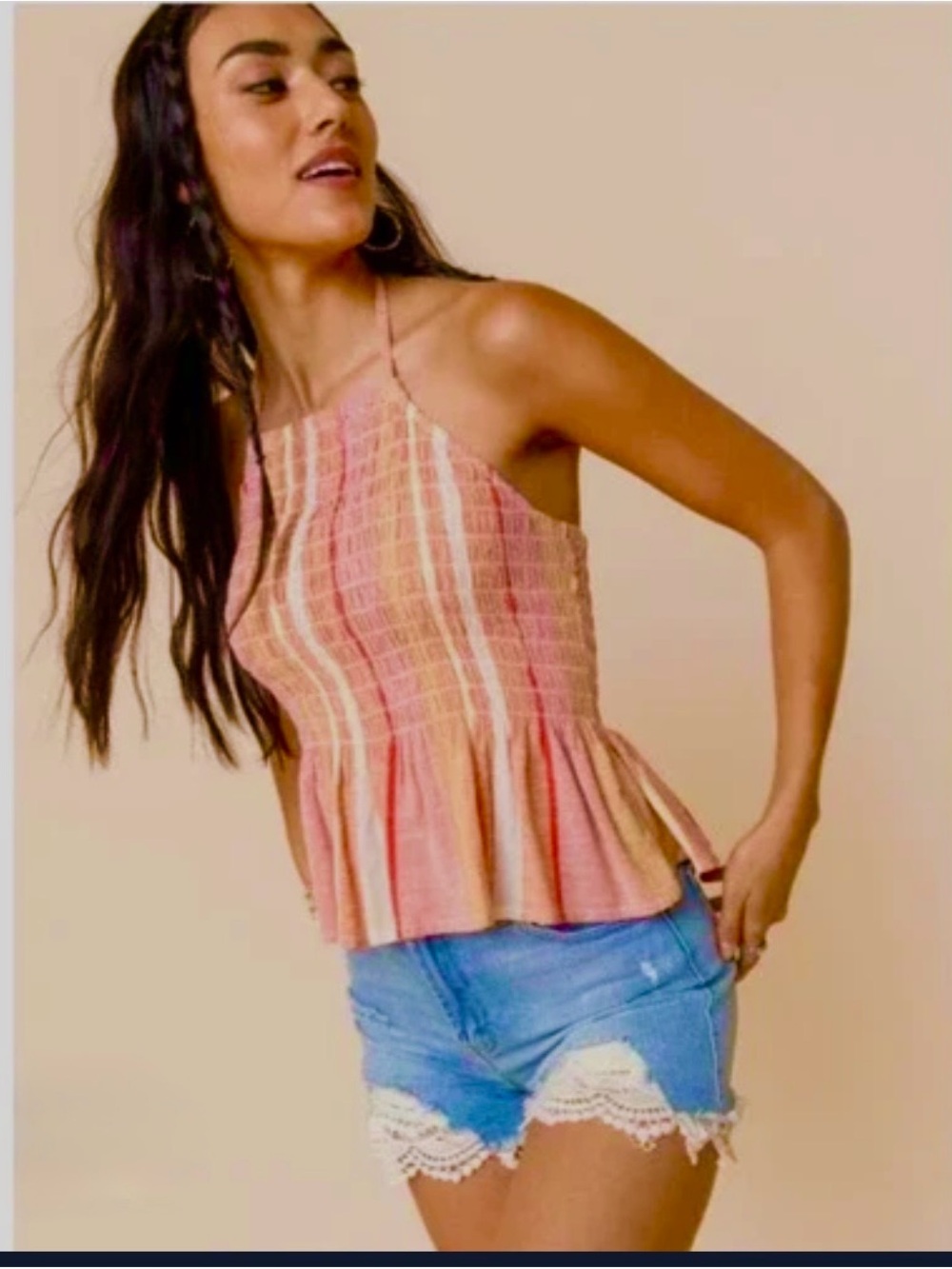 miami Pink & Cream Smocked Halter Peplum Camisole